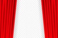 Entertainment curtains background for movies. Beautiful red theatre folded curtain drapes on black stage. Vector illustration. Royalty Free Stock Photo